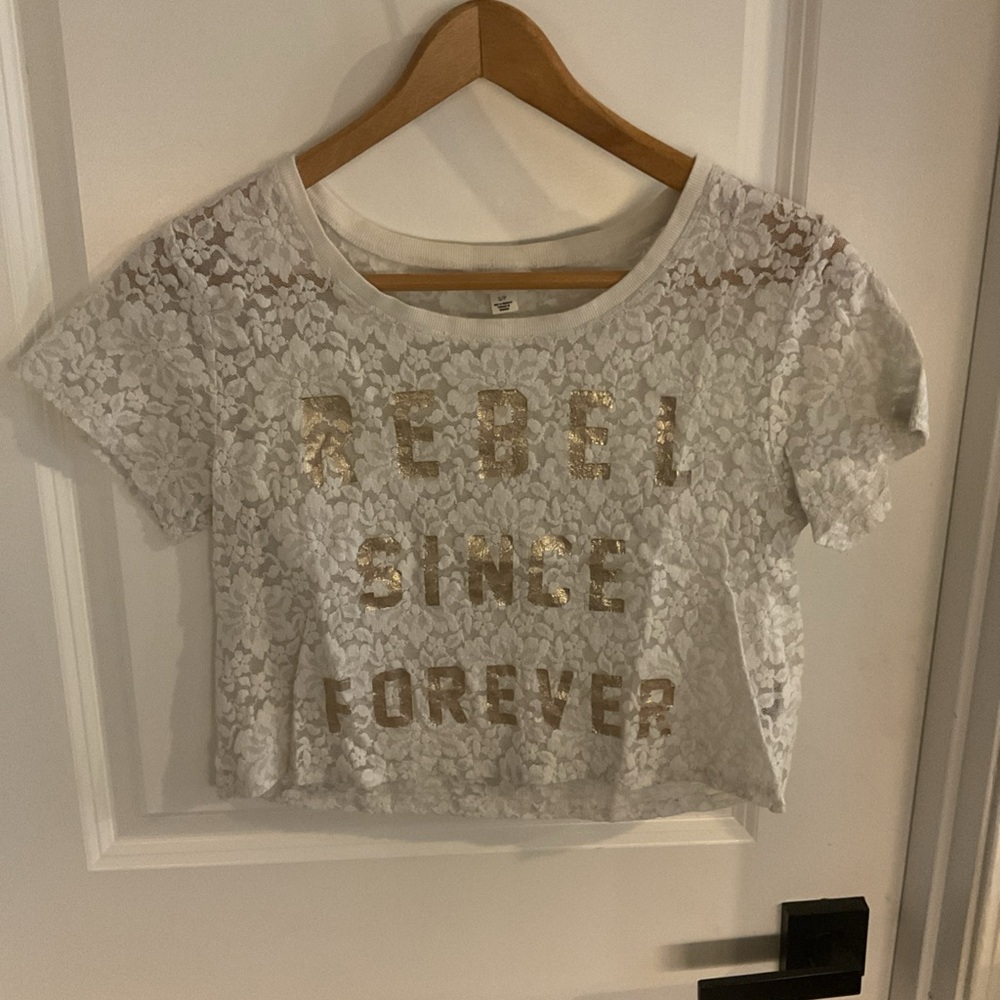 Map to Mars - White Lace Crop Top with Gold Lettering - Juniors Size Small